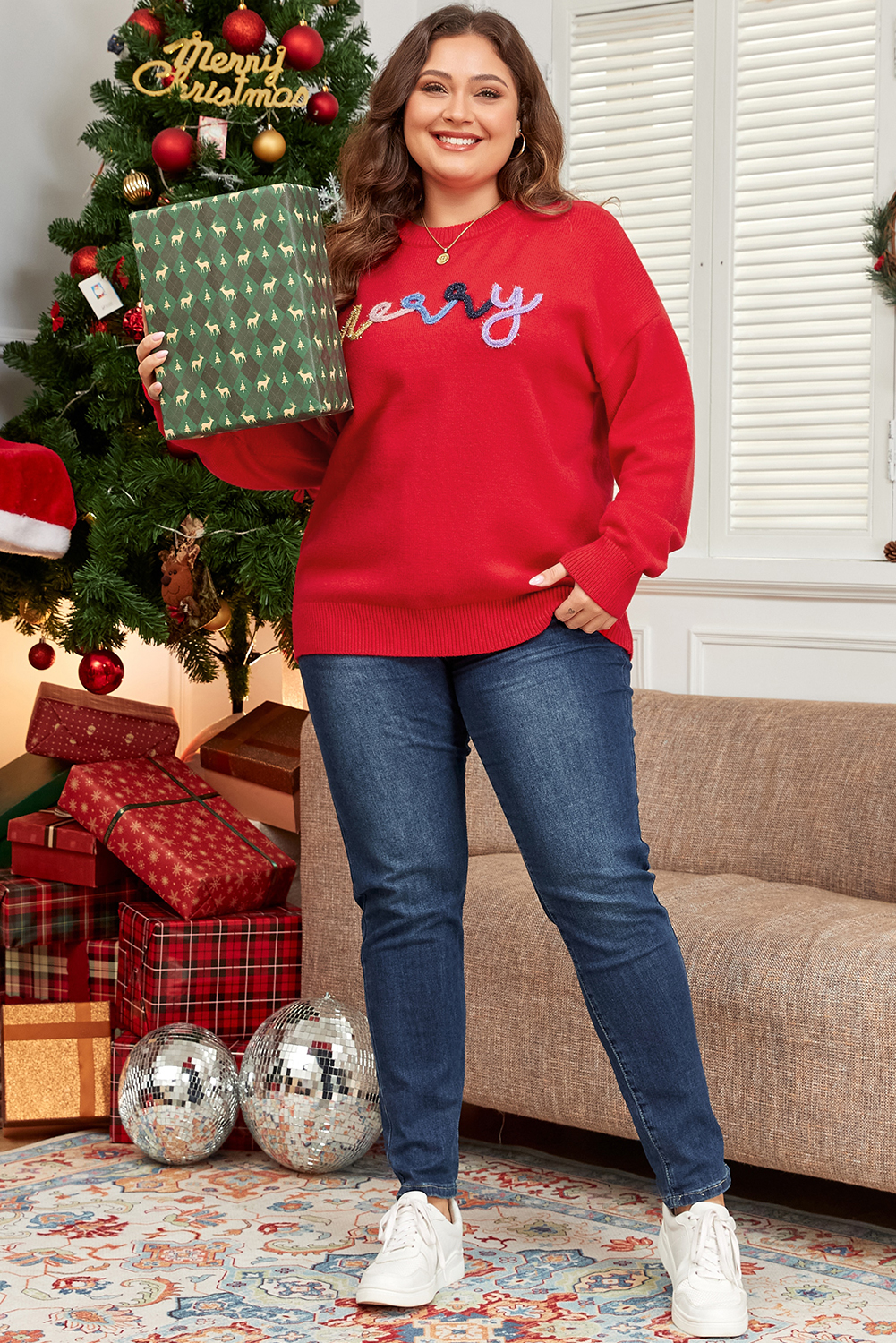Festive Plus Size Sweater - Casual Drop Shoulder Design with Holiday Tinsel Pattern - Detail View 6 Festive Plus Size Sweater - Casual Drop Shoulder Design with Holiday Tinsel Pattern - Detail View 6