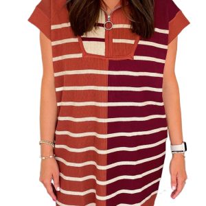 Women's Brown Stripe Color Block Quarter Zip Collar Short Sleeve Sweater Dress - Main View