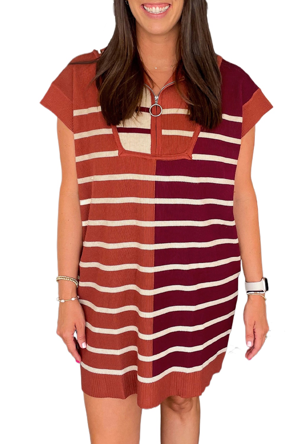 Women's Brown Stripe Color Block Quarter Zip Collar Short Sleeve Sweater Dress - Main View Women's Brown Stripe Color Block Quarter Zip Collar Short Sleeve Sweater Dress - Main View