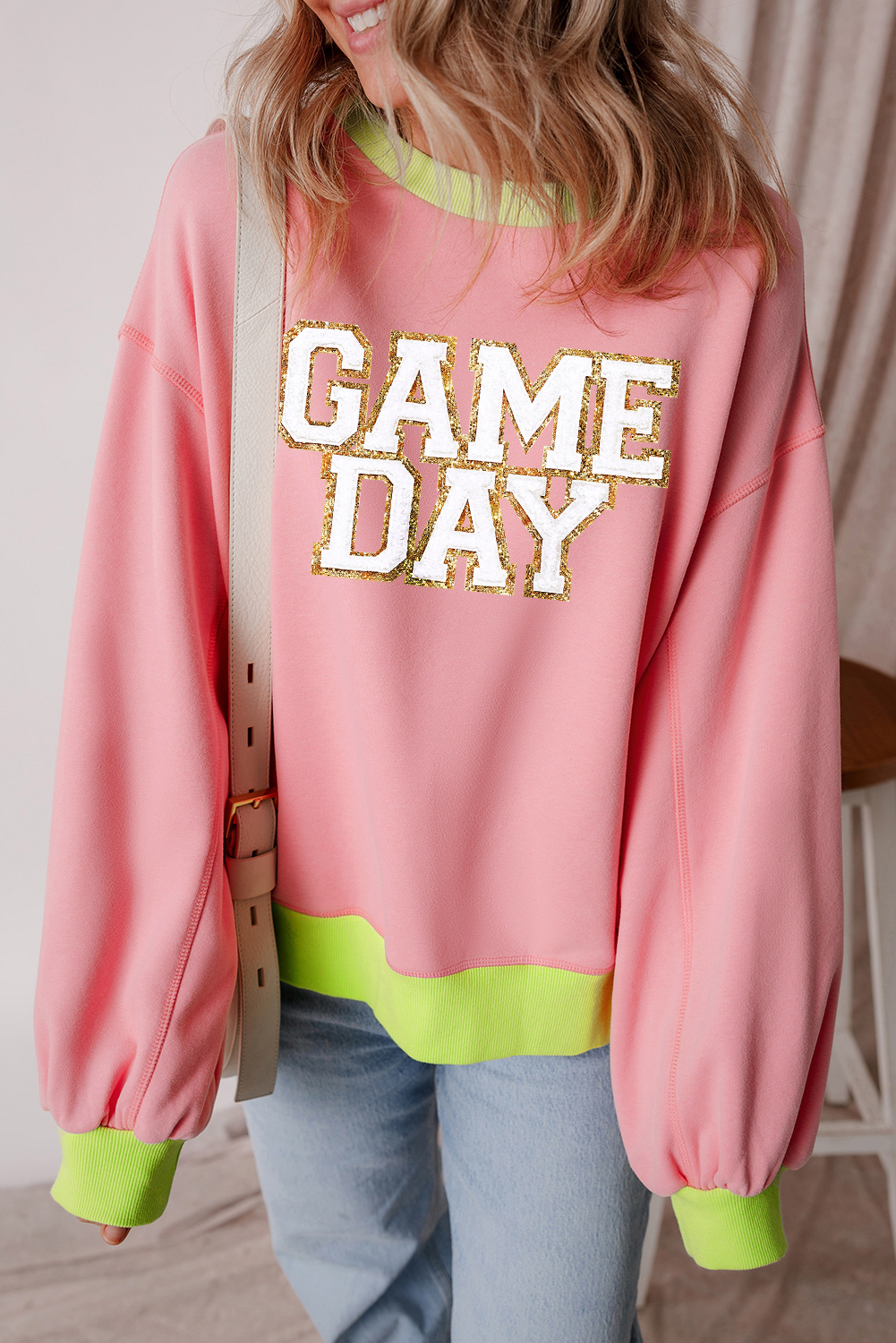 Pink Color Block Sweatshirt with Glitter Letter Graphic - Perfect for Game Day Casual Style - Detail View 3 Pink Color Block Sweatshirt with Glitter Letter Graphic - Perfect for Game Day Casual Style - Detail View 3