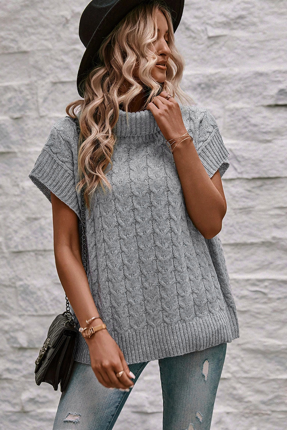 Grey Turtleneck Sweater Vest, Women's Casual Cable Knit Top - Detail View 8 Grey Turtleneck Sweater Vest, Women's Casual Cable Knit Top - Detail View 8