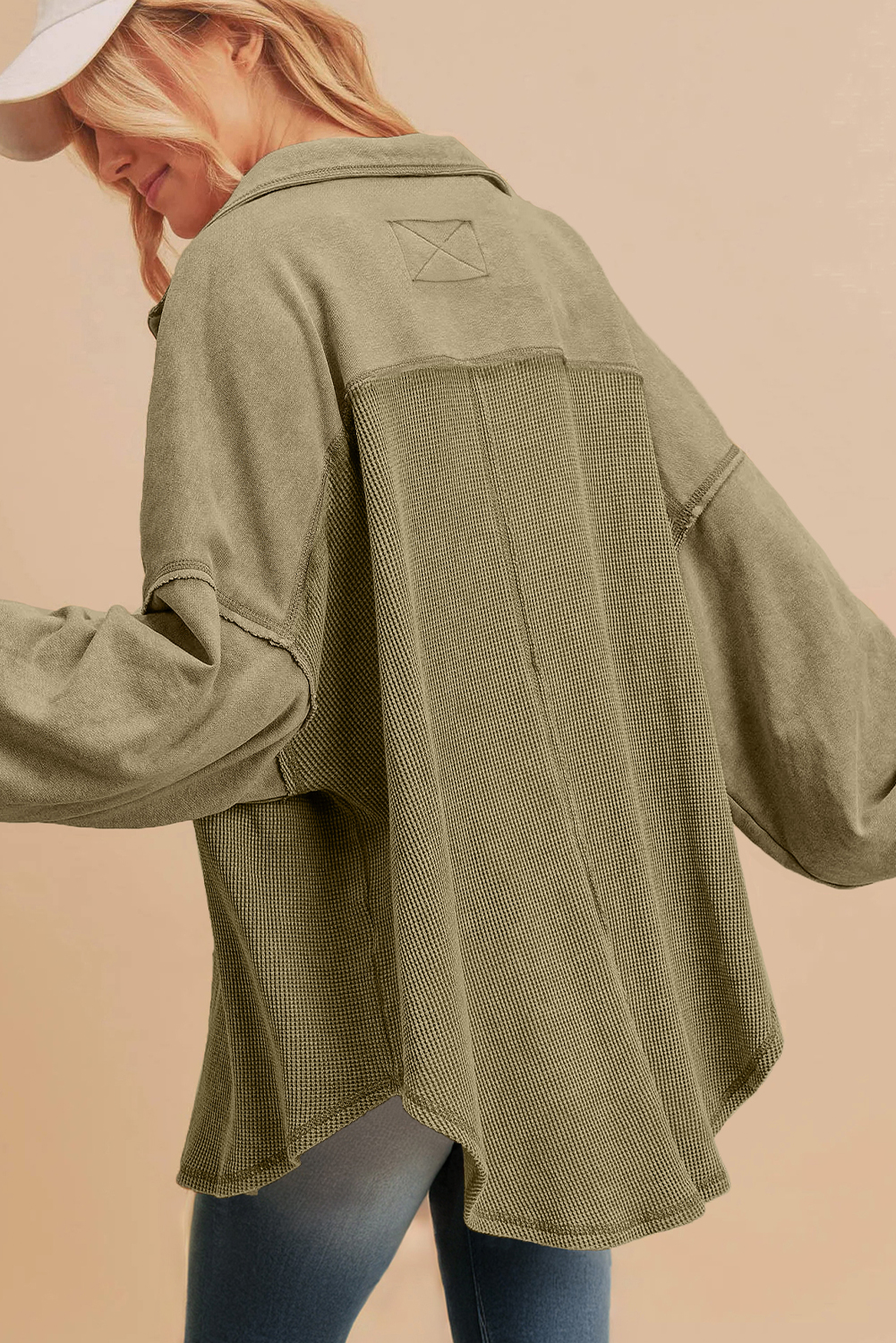 Cozy and Chic: Waffle Knit Shacket with Patchwork Design - Moss Green - Detail View 2 Cozy and Chic: Waffle Knit Shacket with Patchwork Design - Moss Green - Detail View 2