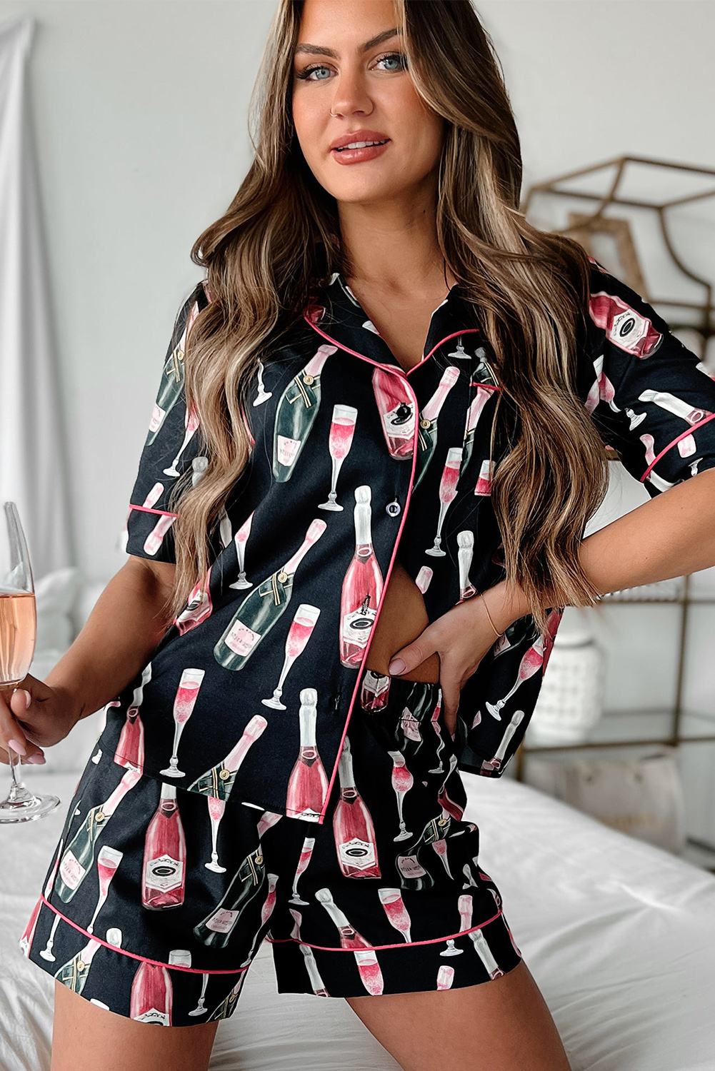 Women's Champagne Print Pajamas, Silky Short Sleeve Set - Detail View 10 Women's Champagne Print Pajamas, Silky Short Sleeve Set - Detail View 10