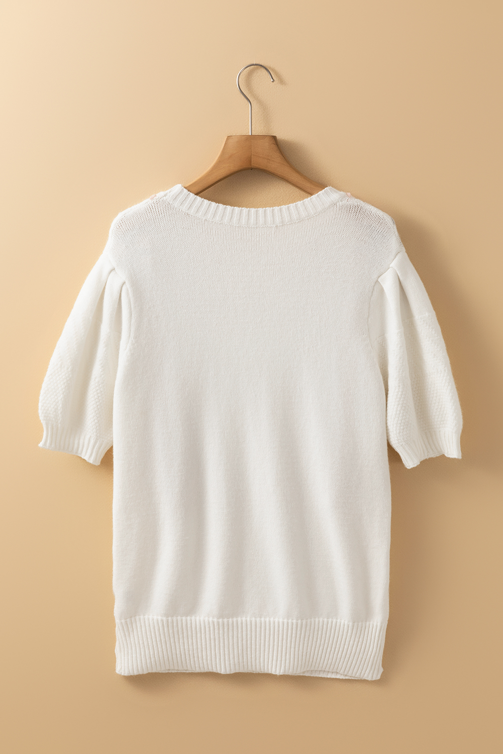 Women's White Multicolor Stitch Detail Short Sleeve Cable Knit Sweater - Detail View 9 Women's White Multicolor Stitch Detail Short Sleeve Cable Knit Sweater - Detail View 9