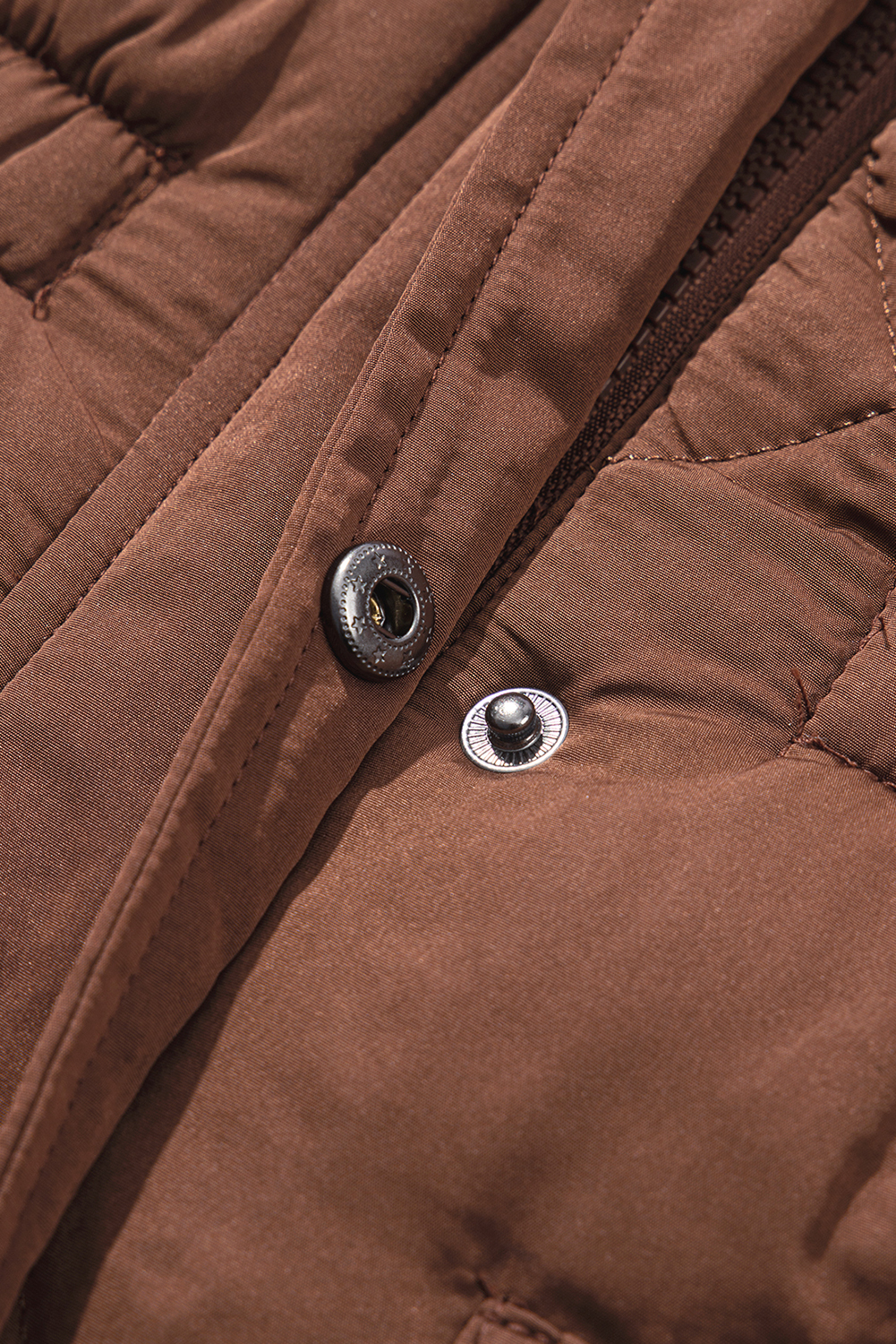 Longline Coffee Quilted Puffer Vest with Stand Collar - Perfect for Casual Winter Wear - Detail View 18 Longline Coffee Quilted Puffer Vest with Stand Collar - Perfect for Casual Winter Wear - Detail View 18
