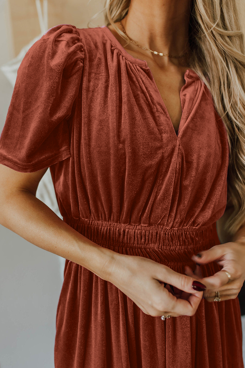 Women's Maxi Dress, Chestnut Velvet, Short Sleeve, Tiered Design, V Neck, Elegant, A-Line Silhouette, Boho Style, Comfortable, Fall Dress, Daily Wear, Wedding Guest Dress, Solid Color, High Waist, Chic, Best Sellers - Detail View 4 Women's Maxi Dress, Chestnut Velvet, Short Sleeve, Tiered Design, V Neck, Elegant, A-Line Silhouette, Boho Style, Comfortable, Fall Dress, Daily Wear, Wedding Guest Dress, Solid Color, High Waist, Chic, Best Sellers - Detail View 4