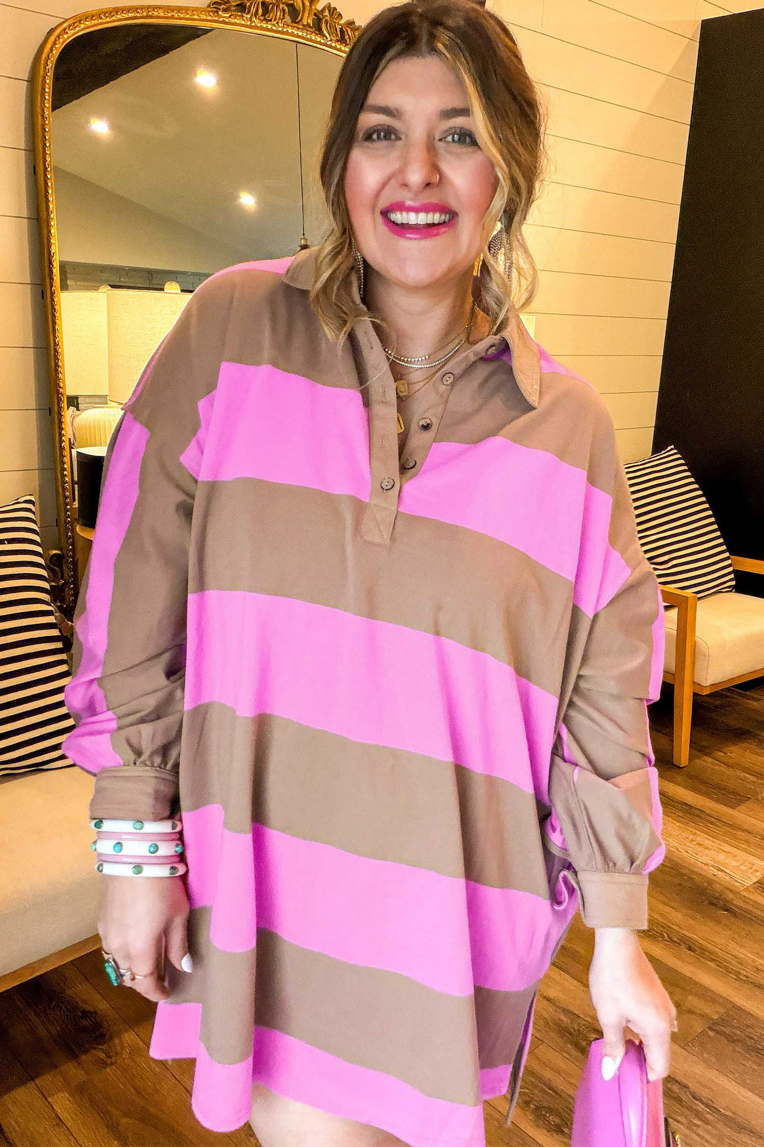 Women's Striped Polo Dress, Casual Long Sleeve Shift - Detail View 7 Women's Striped Polo Dress, Casual Long Sleeve Shift - Detail View 7