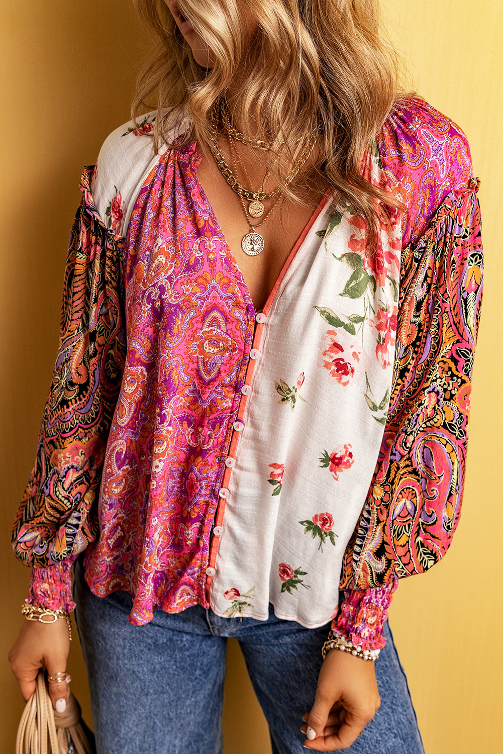 Women's Floral Patchwork Blouse, Casual Bohemian V Neck Top - Detail View 4 Women's Floral Patchwork Blouse, Casual Bohemian V Neck Top - Detail View 4
