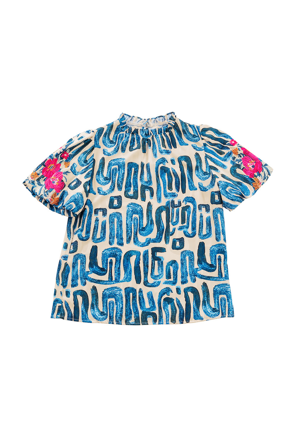Abstract Print Ruffle Neck Top, Women's Embroidered Shirt - Detail View 8 Abstract Print Ruffle Neck Top, Women's Embroidered Shirt - Detail View 8