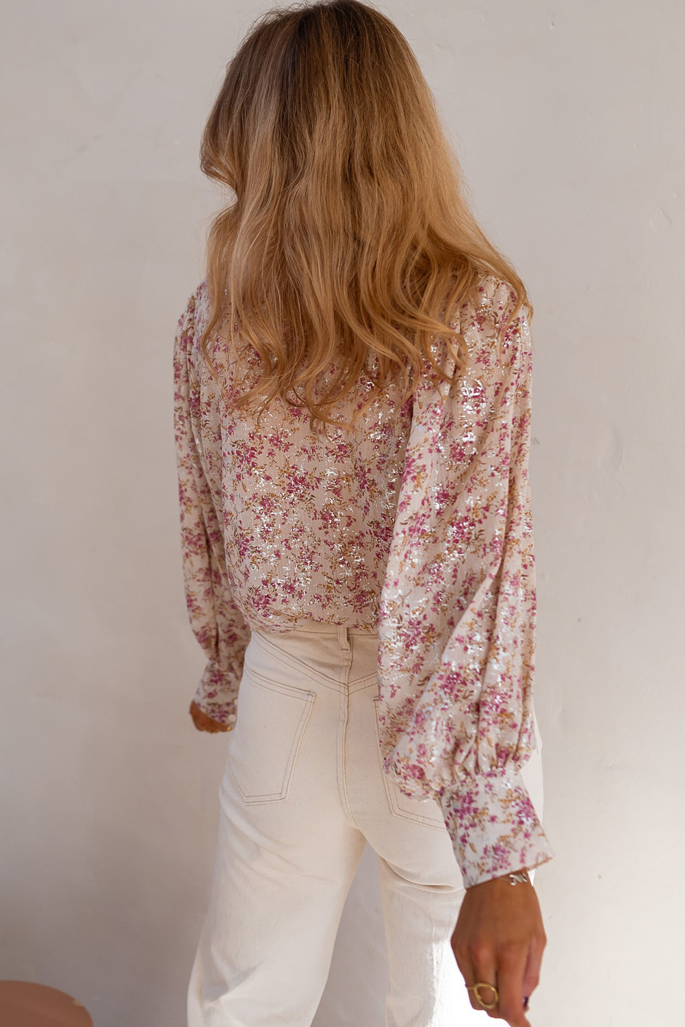 Women's Pink Floral Print Bishop Sleeve Collared V-Neck Shirt - Detail View 6 Women's Pink Floral Print Bishop Sleeve Collared V-Neck Shirt - Detail View 6