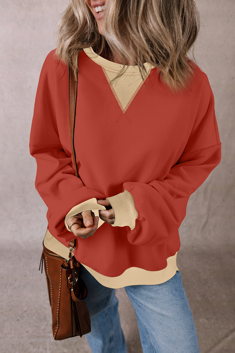 Casual Round Neck Sweatshirt: Unique Color Block Patchwork - Red Clay - Detail View 3 Casual Round Neck Sweatshirt: Unique Color Block Patchwork - Red Clay - Detail View 3