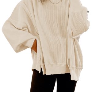 Women's White Waffle Knit Bishop Sleeve Oversized Sweatshirt - Main View