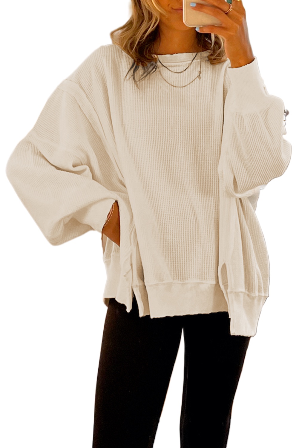 Women's White Waffle Knit Bishop Sleeve Oversized Sweatshirt - Main View Women's White Waffle Knit Bishop Sleeve Oversized Sweatshirt - Main View