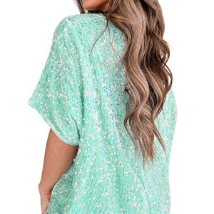 Women's Moonlight Jade Sequin Batwing Sleeve V Neck Velvet Blouse for Night Out - Main View
