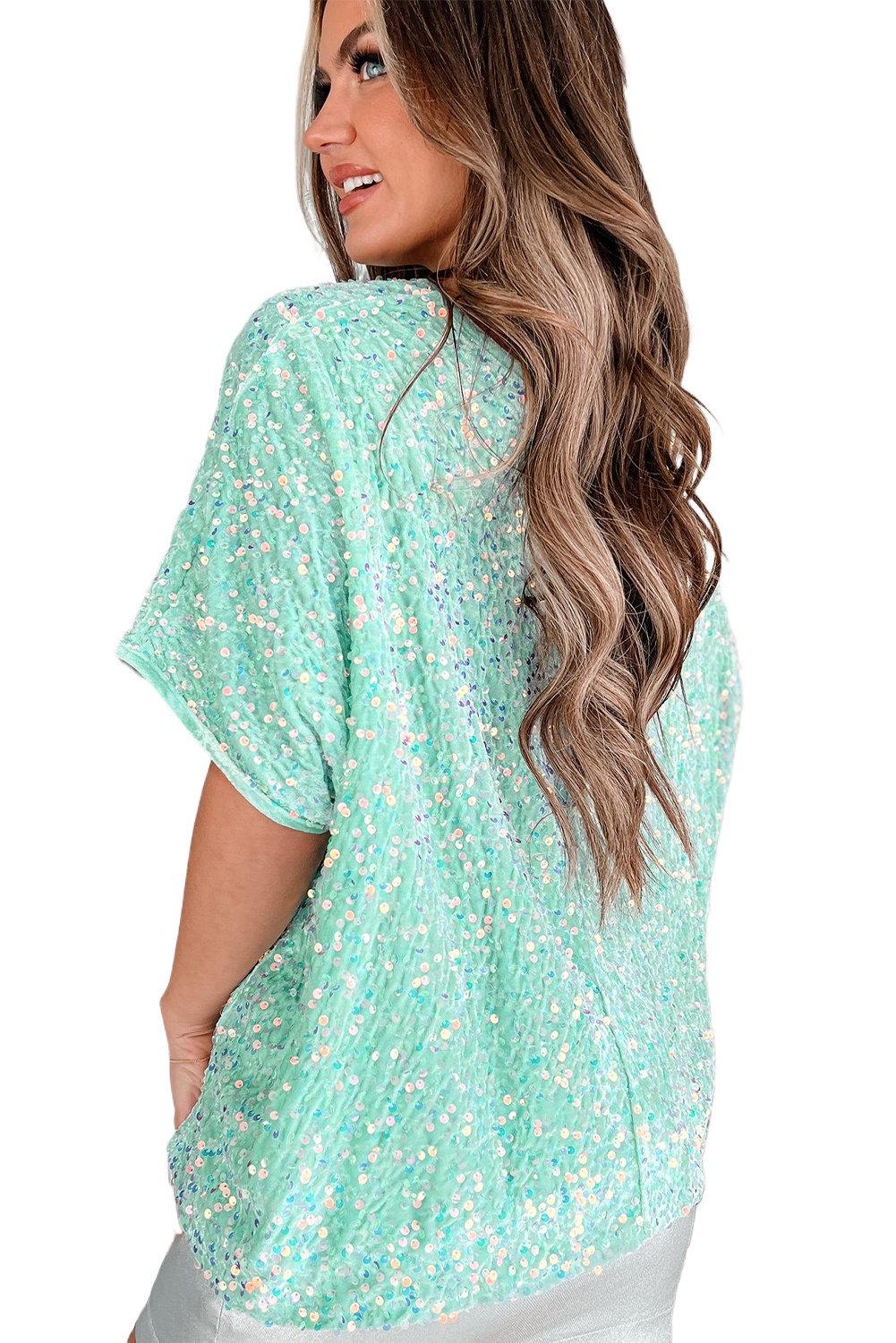 Women's Moonlight Jade Sequin Batwing Sleeve V Neck Velvet Blouse for Night Out - Main View Women's Moonlight Jade Sequin Batwing Sleeve V Neck Velvet Blouse for Night Out - Main View