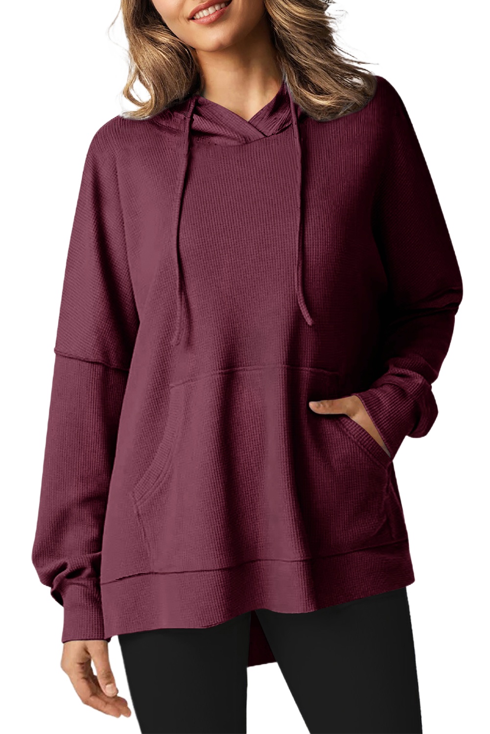 Women's Red Dahlia Waffle Knit Fleece Lined Oversized Hoodie - Main View Women's Red Dahlia Waffle Knit Fleece Lined Oversized Hoodie - Main View