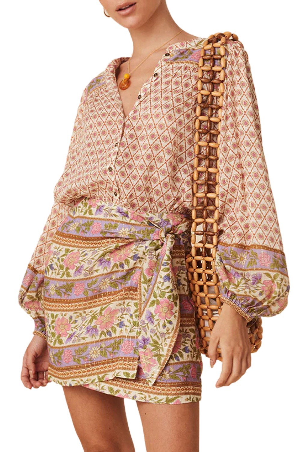 Women's Boho Floral Blouse, Casual V Neck Puff Sleeve Shirt - Main View Women's Boho Floral Blouse, Casual V Neck Puff Sleeve Shirt - Main View