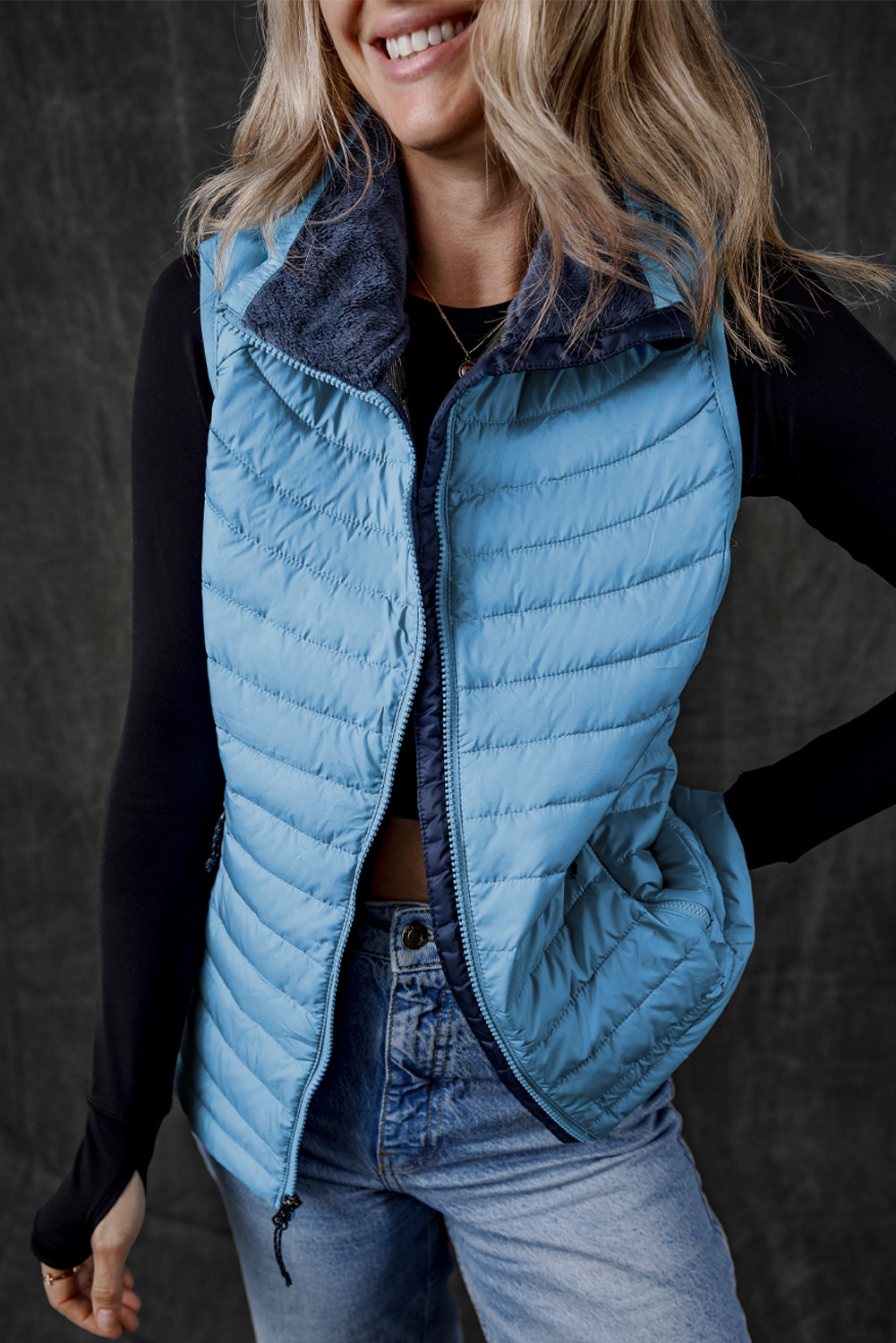Women's Sky Blue Plush Collared Quilted Zipped Puffer Vest for Winter Style - Detail View 9 Women's Sky Blue Plush Collared Quilted Zipped Puffer Vest for Winter Style - Detail View 9