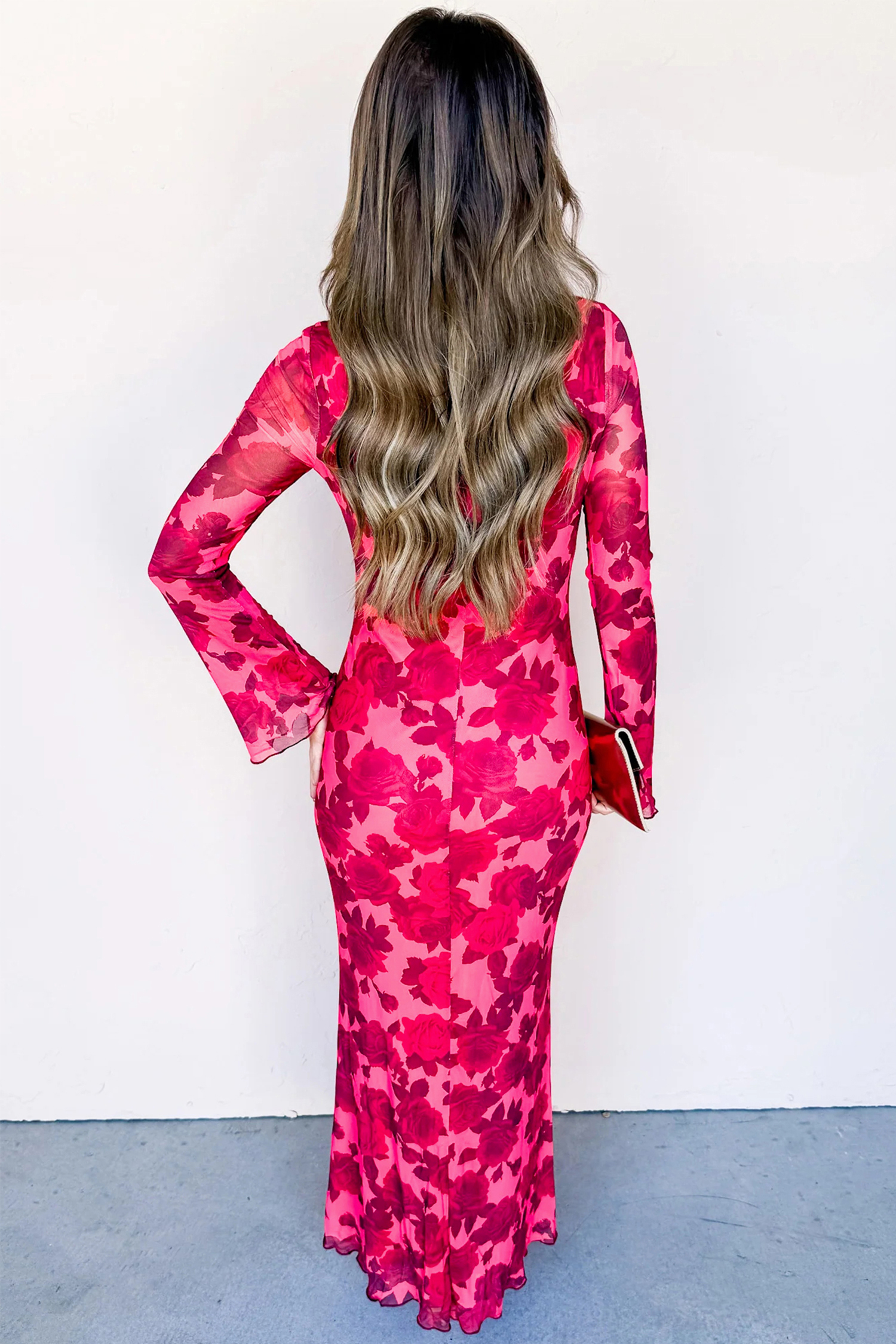 Elegant Red Floral Sheath Dress, Autumn Long Sleeve Maxi - Detail View 6 Elegant Red Floral Sheath Dress, Autumn Long Sleeve Maxi - Detail View 6