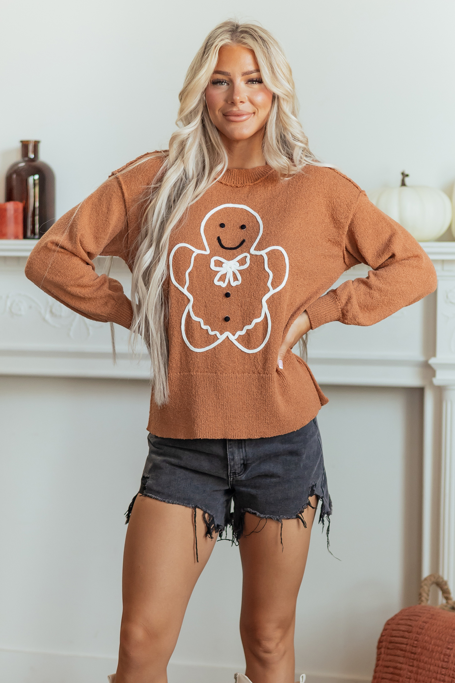 Women's Cozy Drop Shoulder Sweater, Loose Brown Knit - Detail View 6 Women's Cozy Drop Shoulder Sweater, Loose Brown Knit - Detail View 6