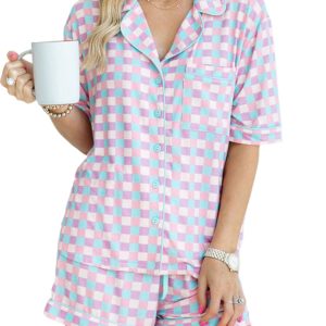Women's Purple Checkered Pattern Short Sleeve Pajamas Set - Main View
