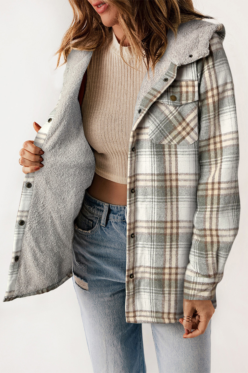 Warm Sherpa Lined Shacket, Women's Gray Long Sleeve Coat - Detail View 3 Warm Sherpa Lined Shacket, Women's Gray Long Sleeve Coat - Detail View 3