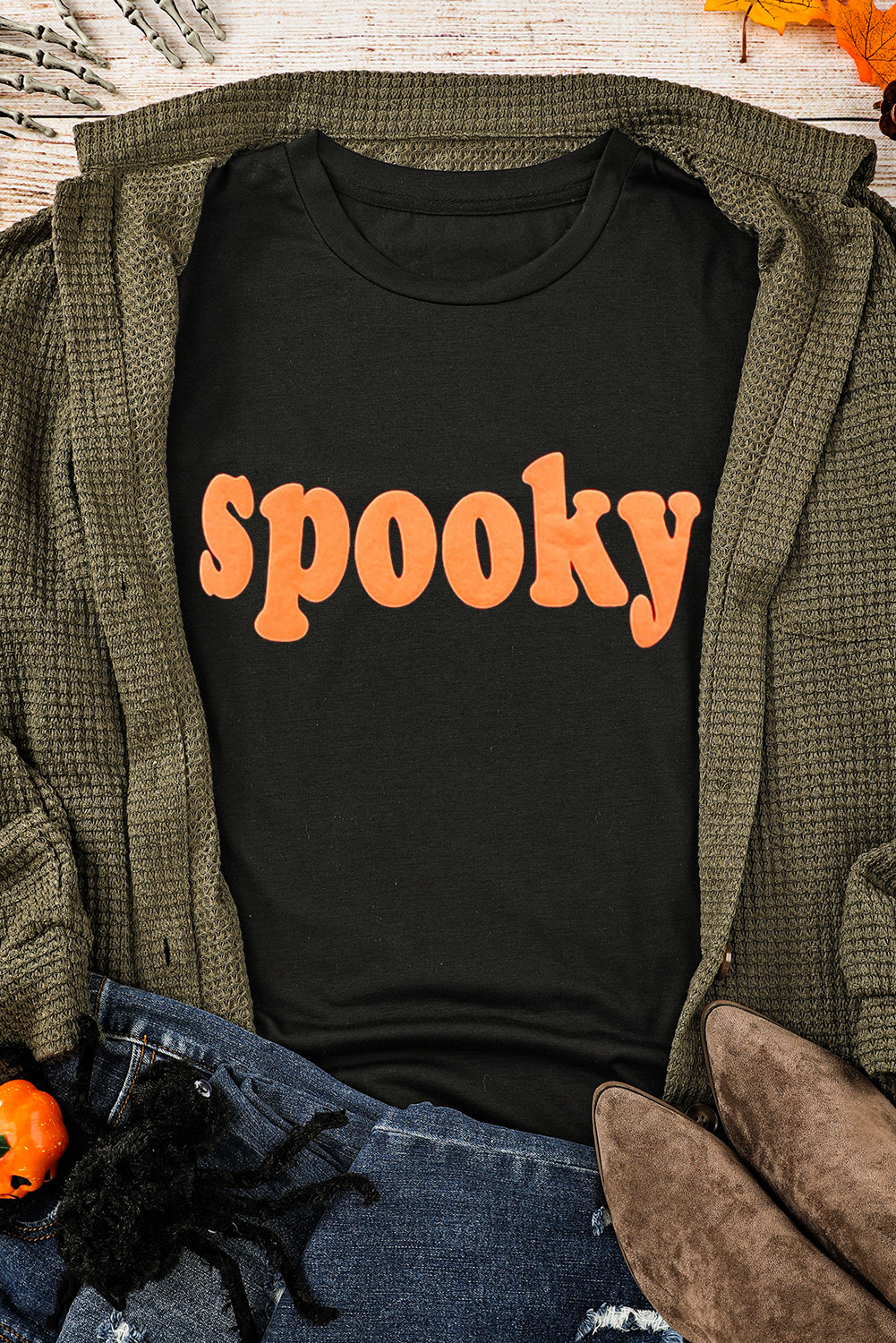 Casual Summer Tee: Spooky Lettering Design - Round Neck, Black Color - Detail View 3 Casual Summer Tee: Spooky Lettering Design - Round Neck, Black Color - Detail View 3