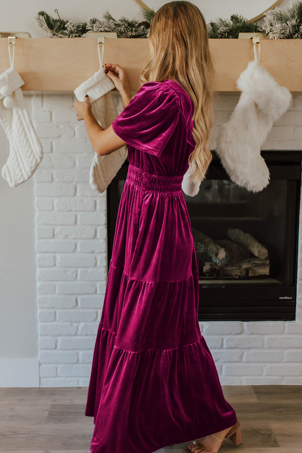 Red Hot Velvety Long Maxi Dress with Shirred Waist and Tiered Hem - Detail View 3 Red Hot Velvety Long Maxi Dress with Shirred Waist and Tiered Hem - Detail View 3