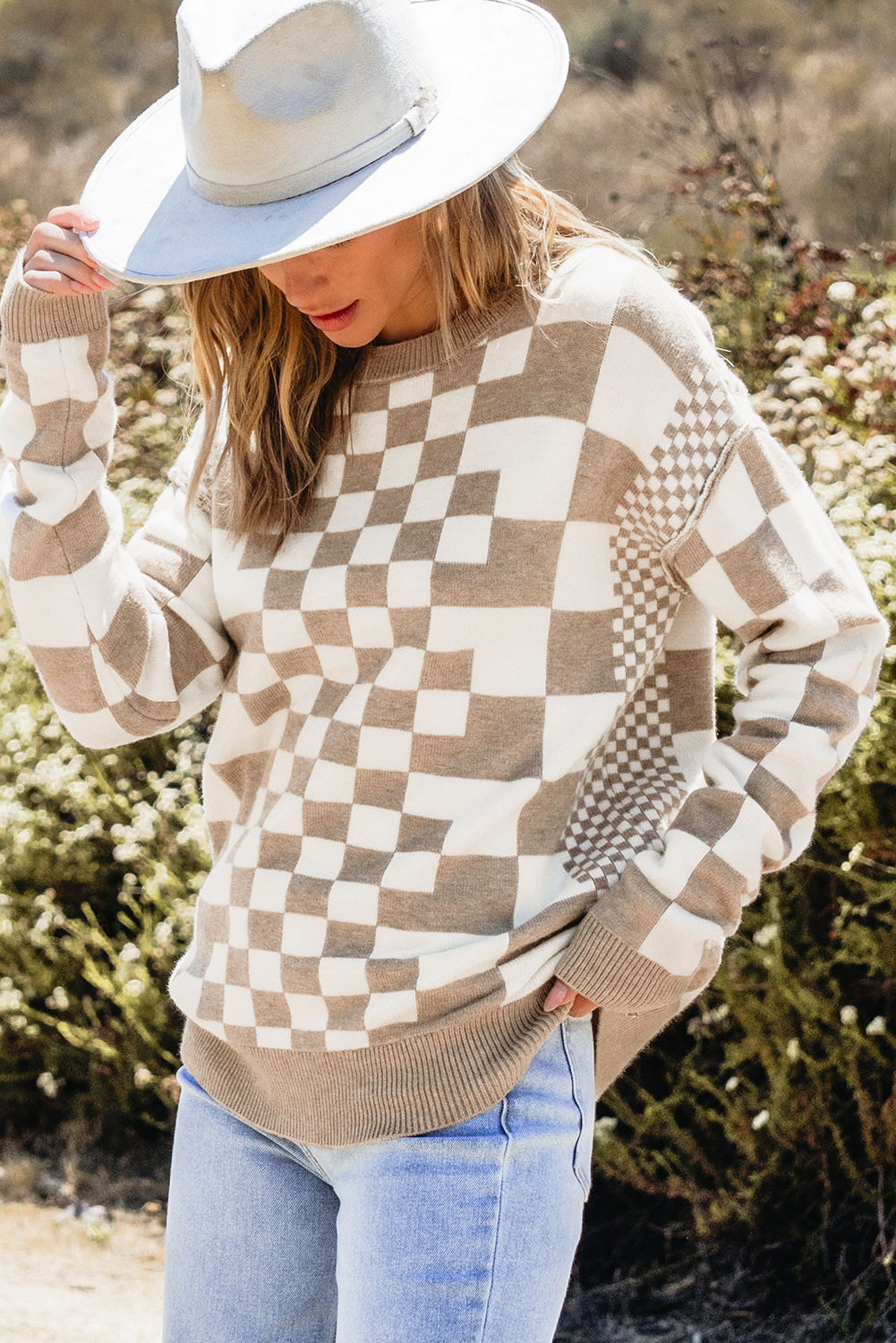Women's Plaid Print Drop Shoulder Sweater, Cozy Round Neck - Detail View 5 Women's Plaid Print Drop Shoulder Sweater, Cozy Round Neck - Detail View 5