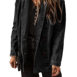 Women's Classic Black Denim Jacket with Lapel Collar and Side Pockets - Main View