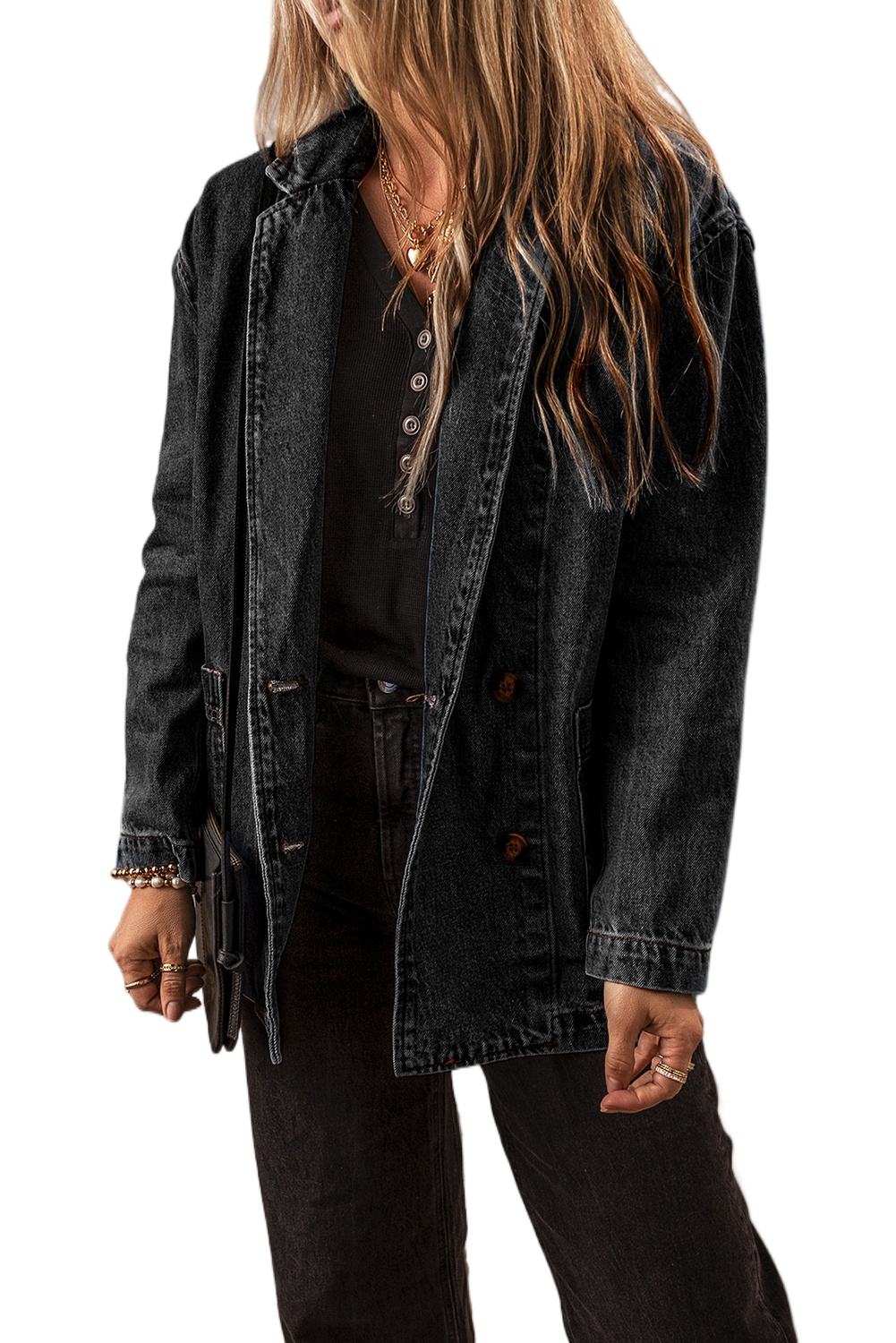 Women's Classic Black Denim Jacket with Lapel Collar and Side Pockets - Main View Women's Classic Black Denim Jacket with Lapel Collar and Side Pockets - Main View