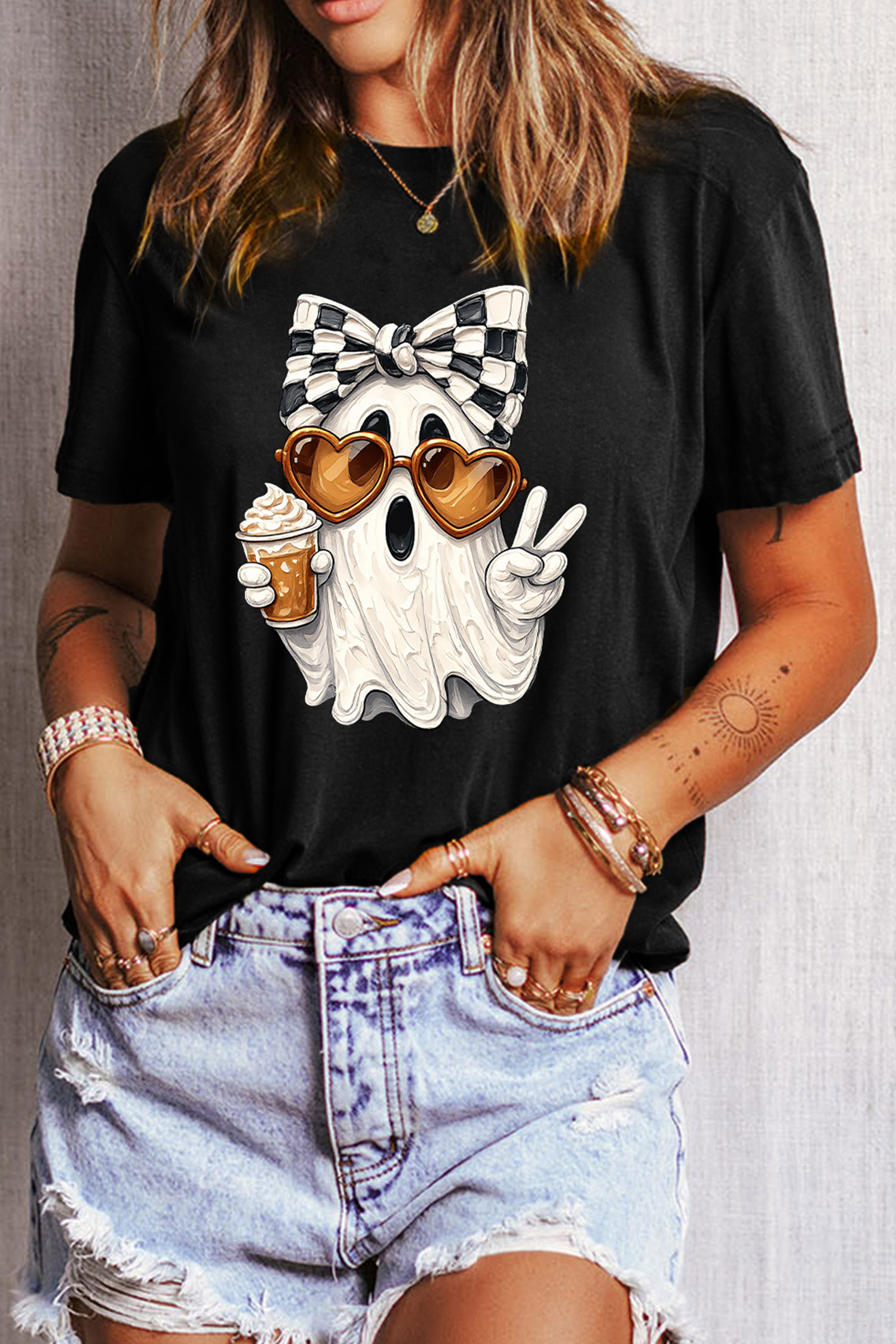 Black Ghost Print T-Shirt, Casual Seasonal Graphic Top - Detail View 6 Black Ghost Print T-Shirt, Casual Seasonal Graphic Top - Detail View 6