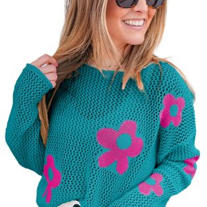 Women's Sea Green Floral Hollowed Knit Drop Shoulder Sweater - Main View