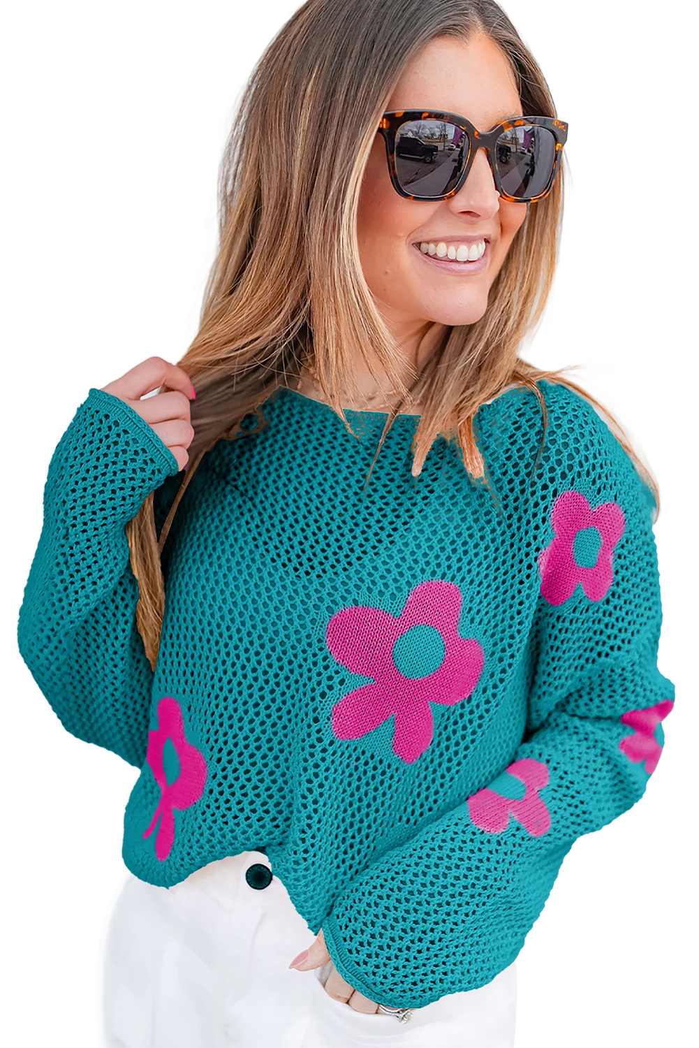 Women's Sea Green Floral Hollowed Knit Drop Shoulder Sweater - Main View Women's Sea Green Floral Hollowed Knit Drop Shoulder Sweater - Main View