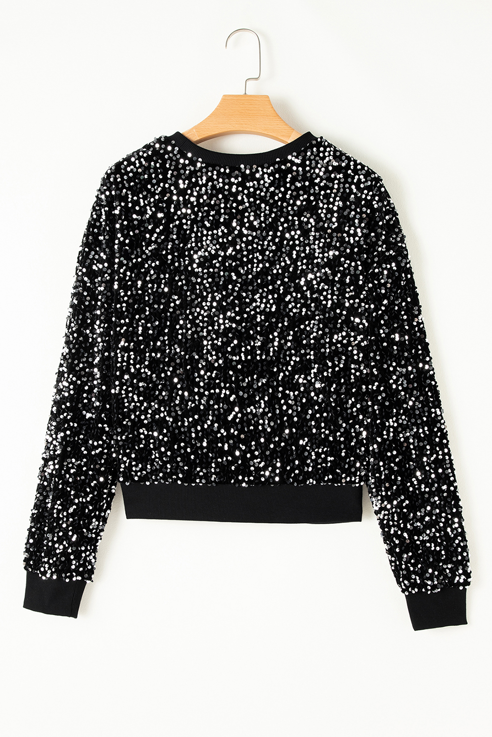 Women's Blouse, Black Sequined, Long Sleeve, Crew Neck, Cropped, Elegant, Glamour, Night Out, Cocktail Party, Daily Wear, Comfortable, Timeless, Modern, Chic, Sequins, PET Material - Detail View 10 Women's Blouse, Black Sequined, Long Sleeve, Crew Neck, Cropped, Elegant, Glamour, Night Out, Cocktail Party, Daily Wear, Comfortable, Timeless, Modern, Chic, Sequins, PET Material - Detail View 10