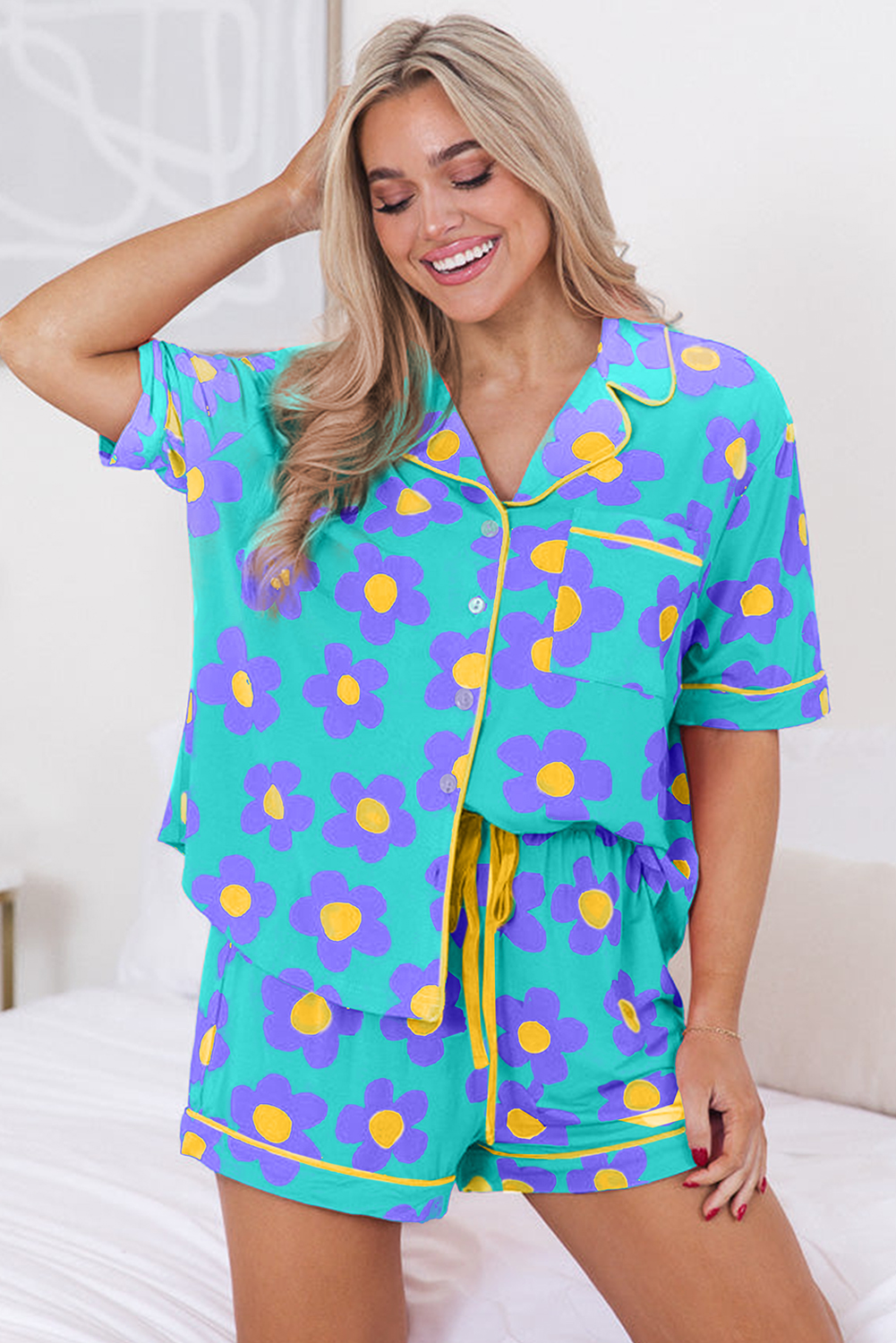 Soft Floral Sleepwear Set, Women's Turn Down Collar Pajamas - Detail View 3 Soft Floral Sleepwear Set, Women's Turn Down Collar Pajamas - Detail View 3