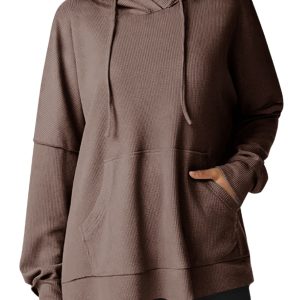 Women's Coffee Waffle Knit Fleece Lined High Low Oversized Hoodie - Main View