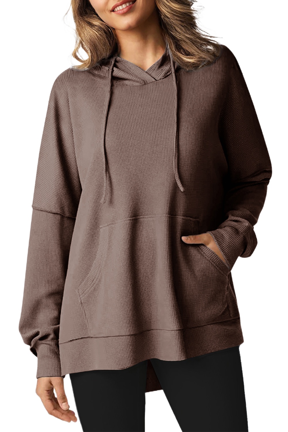Women's Coffee Waffle Knit Fleece Lined High Low Oversized Hoodie - Main View Women's Coffee Waffle Knit Fleece Lined High Low Oversized Hoodie - Main View