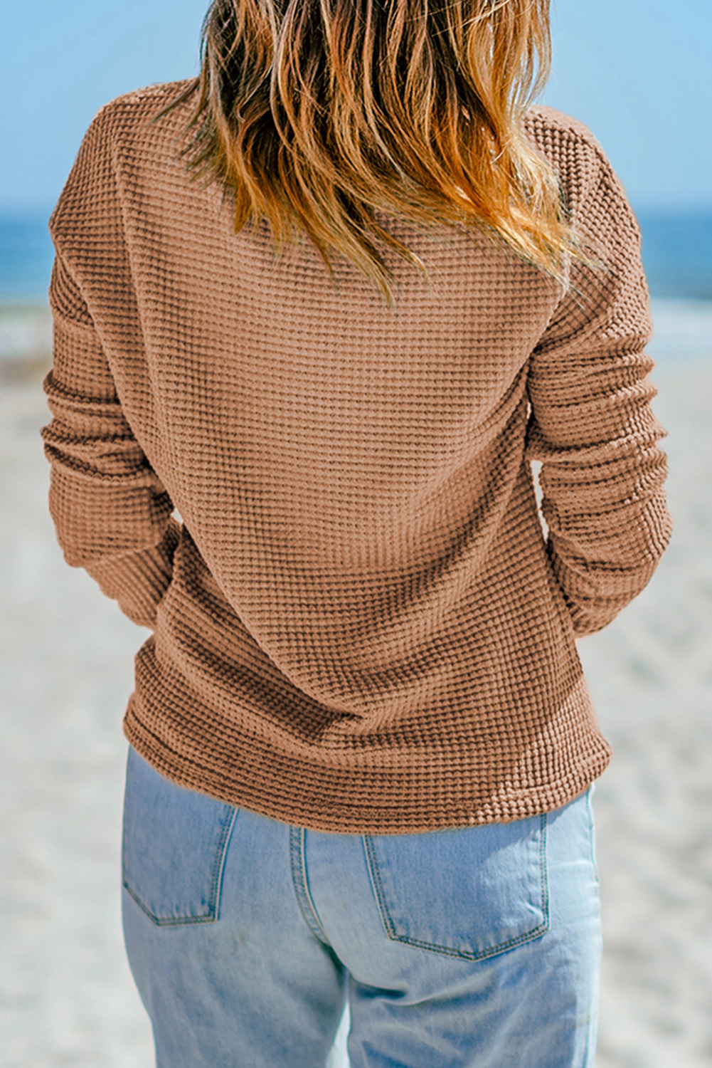 Women's Khaki Waffle Knit Drop Shoulder Long Sleeve Top - Detail View 6 Women's Khaki Waffle Knit Drop Shoulder Long Sleeve Top - Detail View 6