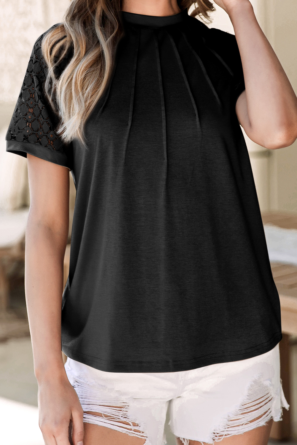 Women's Lace Raglan Sleeve Tee, Elegant Black Round Neck Top - Detail View 10 Women's Lace Raglan Sleeve Tee, Elegant Black Round Neck Top - Detail View 10