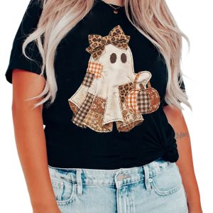 Women's Halloween Ghost T-Shirt, Patchwork Graphic Casual Top - Main View