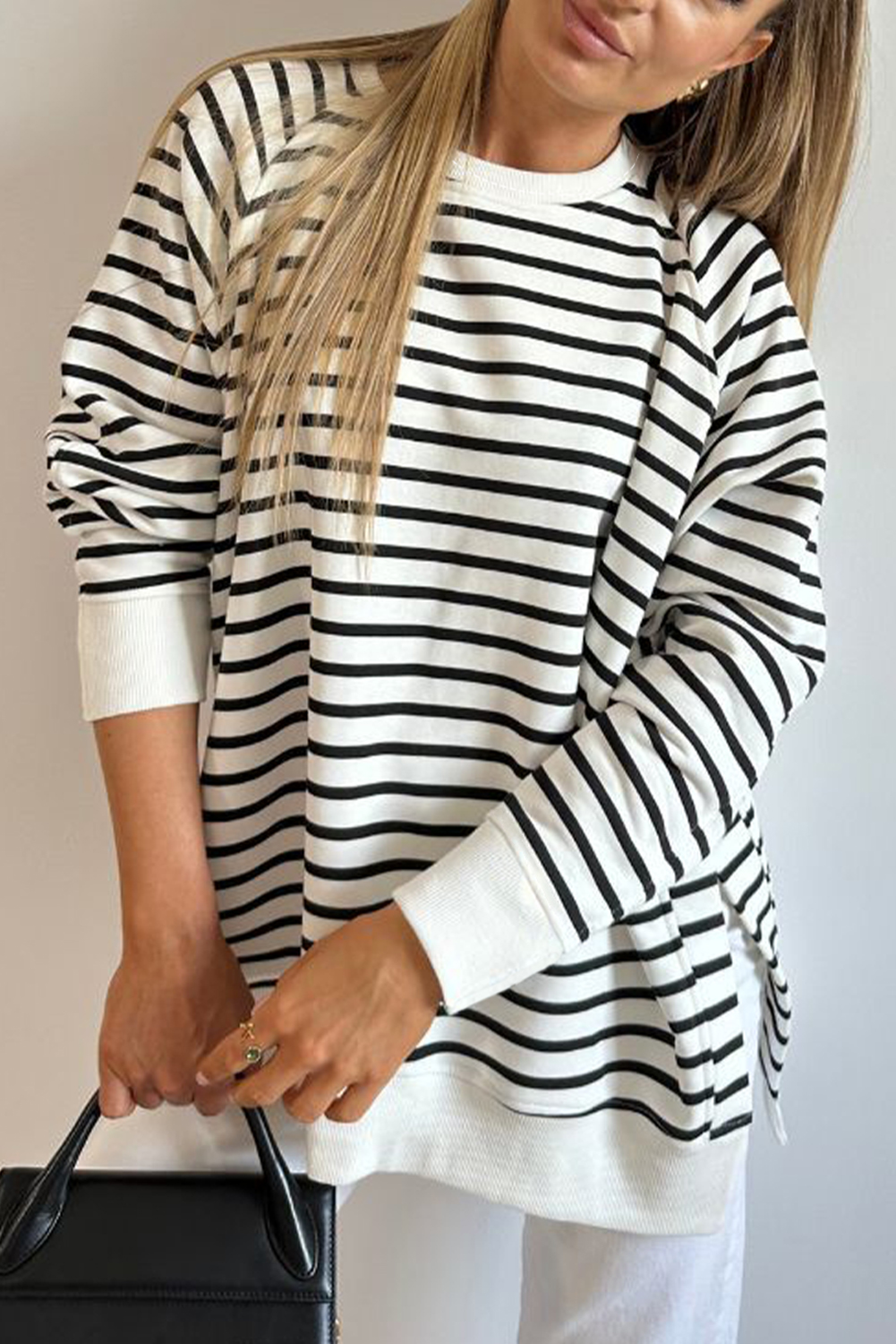 Classic Stripe Sweatshirt with Raglan Sleeves and Side Slits - Detail View 2 Classic Stripe Sweatshirt with Raglan Sleeves and Side Slits - Detail View 2