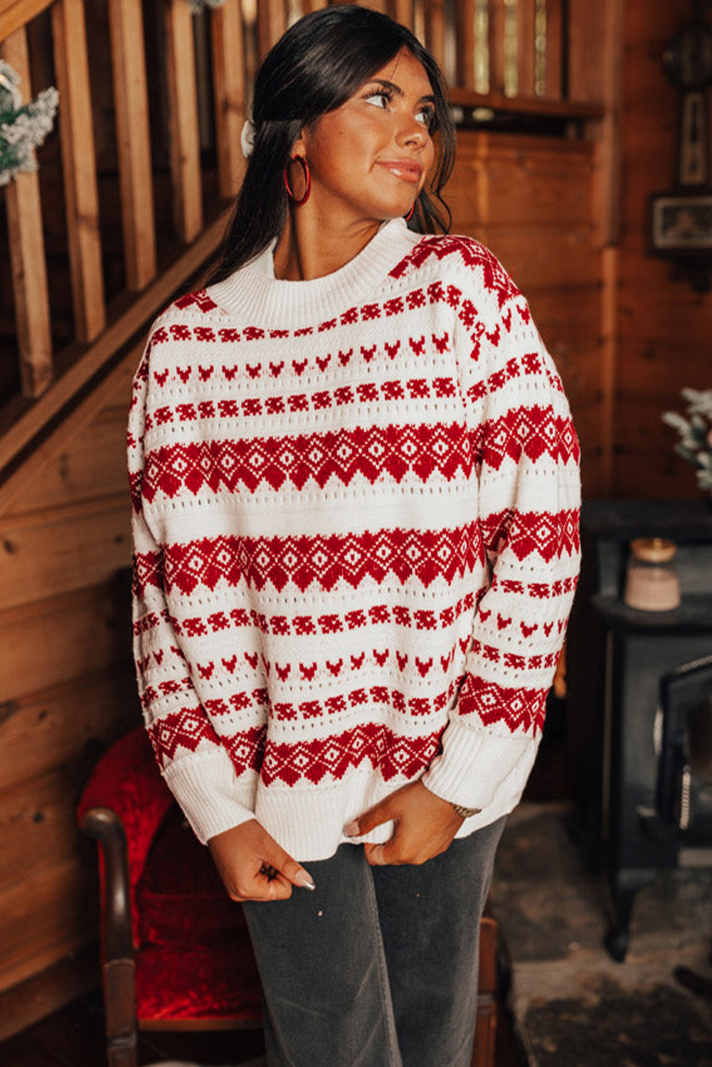 Women's Sweater, White, Geometric Pattern, Crew Neck, Loose Fit, Casual, Cozy, Winter Wear, Daily Wear, Classic Style, Long Sleeves, Knit Material, Soft, Comfortable, Versatile, Stripe Pattern, Red Accents, Holiday Inspiration, Fashion Trend - Detail View 4 Women's Sweater, White, Geometric Pattern, Crew Neck, Loose Fit, Casual, Cozy, Winter Wear, Daily Wear, Classic Style, Long Sleeves, Knit Material, Soft, Comfortable, Versatile, Stripe Pattern, Red Accents, Holiday Inspiration, Fashion Trend - Detail View 4
