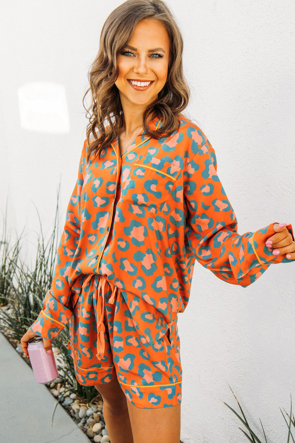 Sleep in Style: Orange Leopard Print Long Sleeve Pajama Set with High-Waist Shorts - Detail View 8 Sleep in Style: Orange Leopard Print Long Sleeve Pajama Set with High-Waist Shorts - Detail View 8