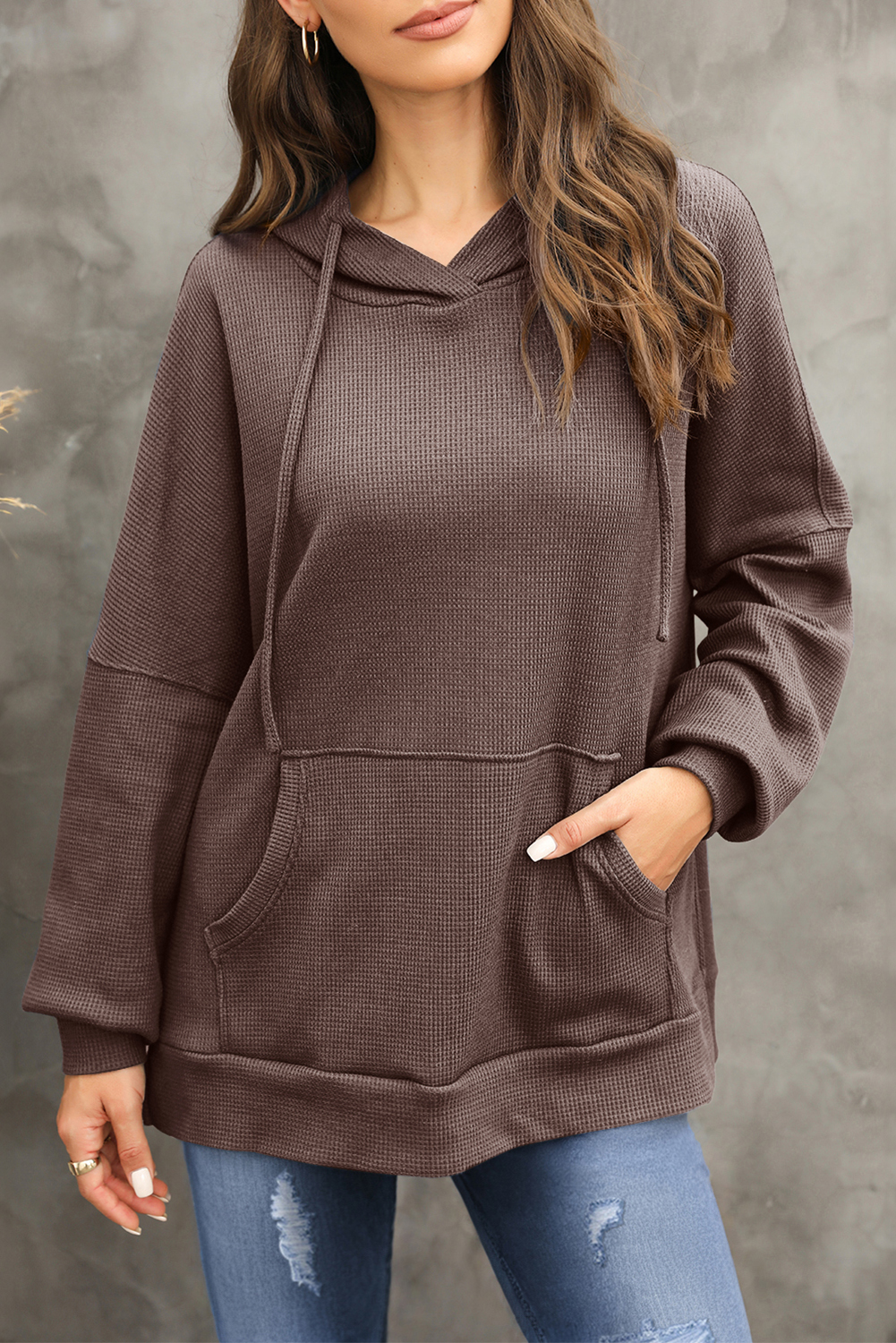 Women's Coffee Waffle Knit Fleece Lined High Low Oversized Hoodie - Detail View 11 Women's Coffee Waffle Knit Fleece Lined High Low Oversized Hoodie - Detail View 11