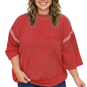 Women's Red Ribbed Tunic, Casual Bracelet Sleeve Top - Main View