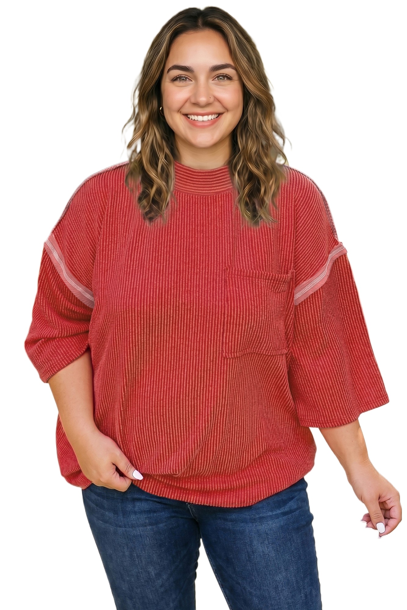 Women's Red Ribbed Tunic, Casual Bracelet Sleeve Top - Main View Women's Red Ribbed Tunic, Casual Bracelet Sleeve Top - Main View