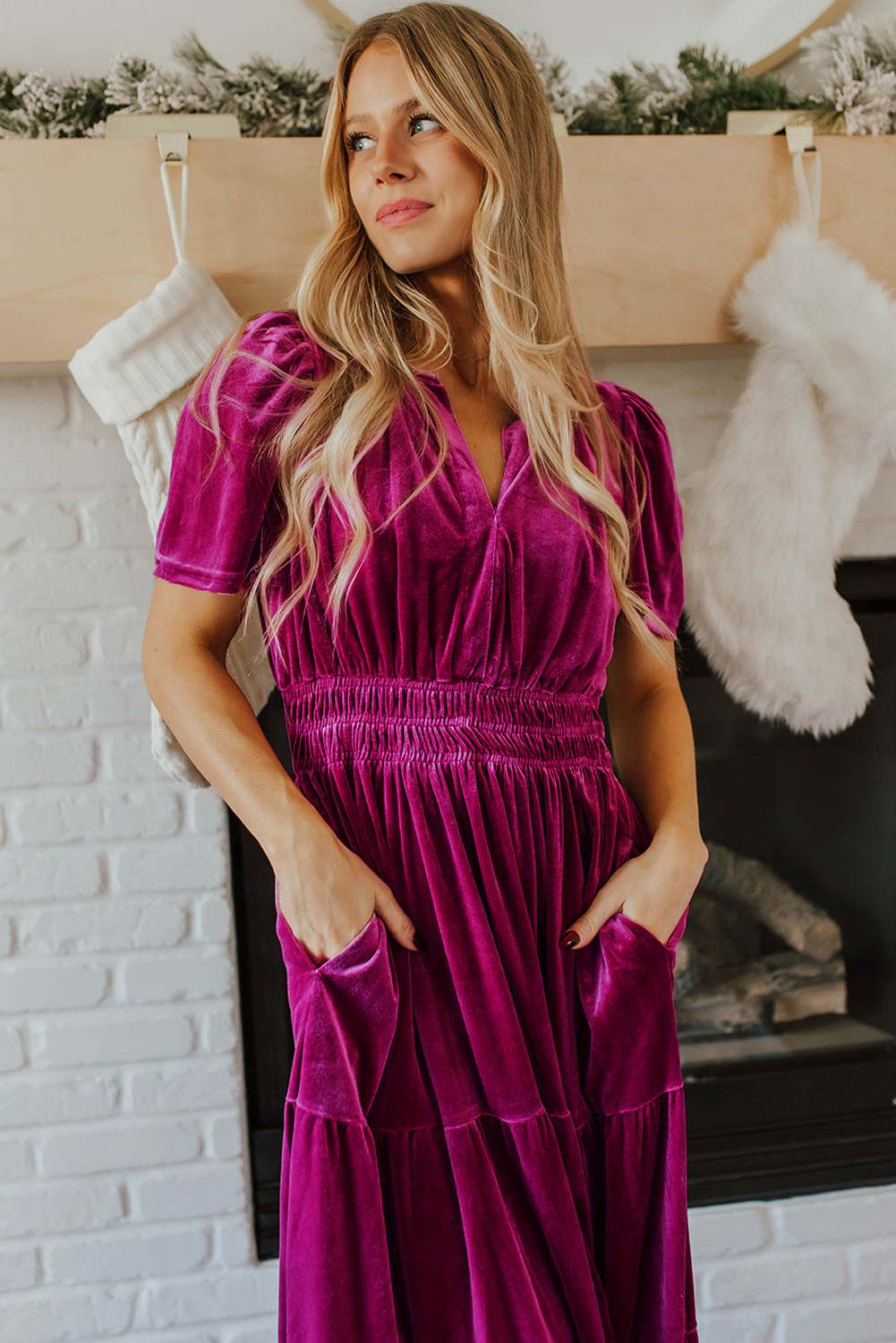 Women's Red Dahlia Velvet Tiered Maxi Dress with Short Sleeves - Detail View 6 Women's Red Dahlia Velvet Tiered Maxi Dress with Short Sleeves - Detail View 6