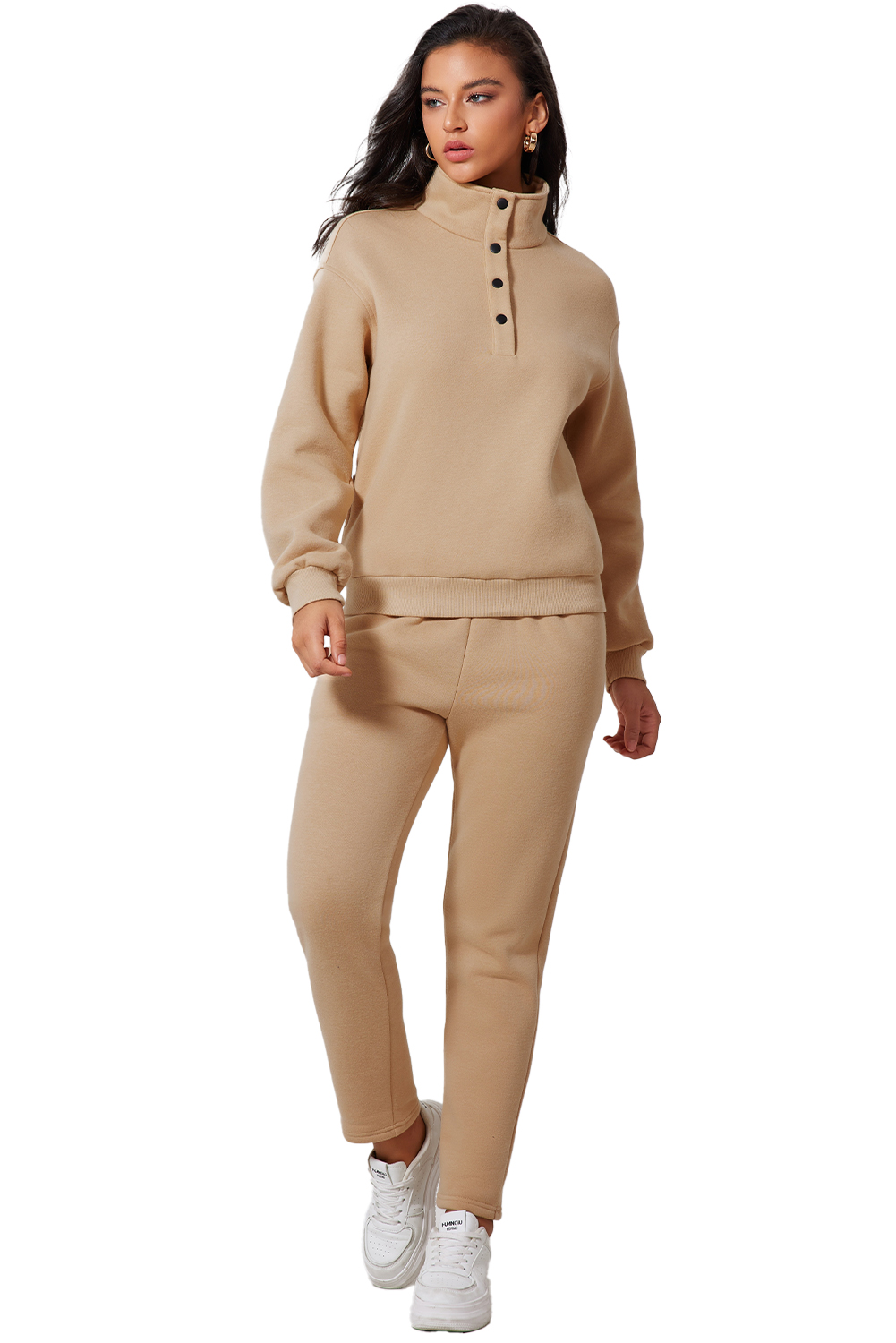 Women's Parchment Solid Half Button Sweatshirt and High Waist Sweatpants Set - Detail View 21 Women's Parchment Solid Half Button Sweatshirt and High Waist Sweatpants Set - Detail View 21