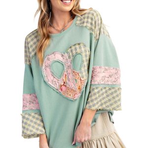 Women's Clearly Aqua Plaid Floral Peace Heart Graphic Wide Long Sleeve Top - Main View